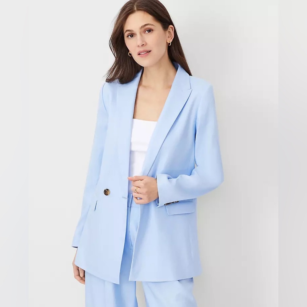 NWOT‎ Ann Taylor Oversized Peak Lapel Blazer Linen Twill Sky Blue 14 Clean Girl